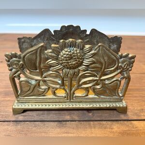 Vintage Brass Sunflower Letter or Napkin Holder. Art Nouveau Desk Decor